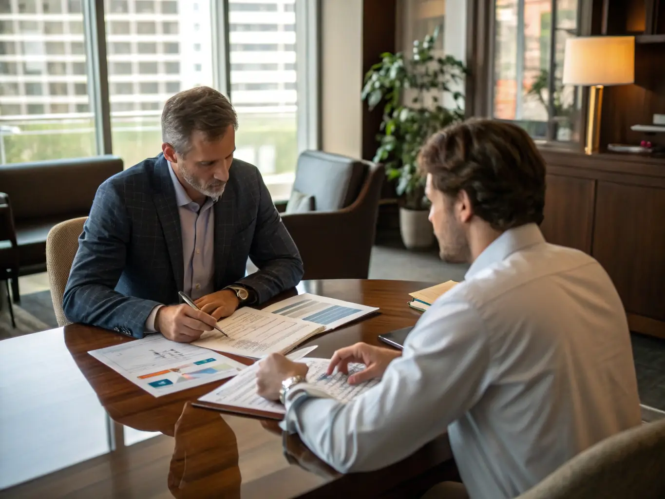 An image of a financial advisor analyzing risk assessment charts with a client.