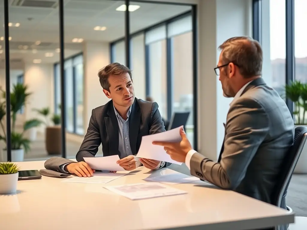 A professional advisor is reviewing tax documents with a client in a modern office setting, emphasizing tax optimization services.