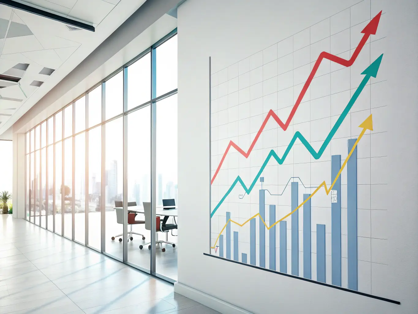 A graph showing investment growth over time, with upward trending lines and positive indicators, representing investment strategies.